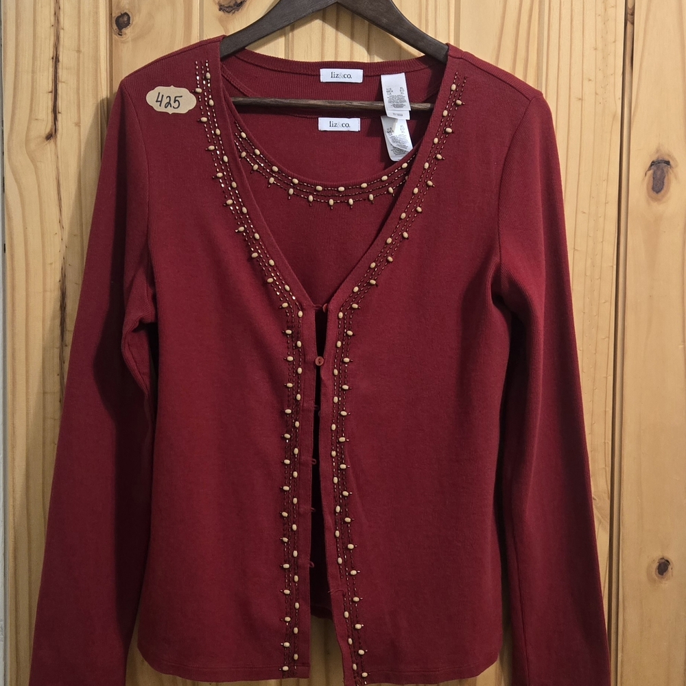 Liz & Co Womens XL Burgundy Ribbed Knit Cardigan Tank Top Twin Set Beaded Red‎